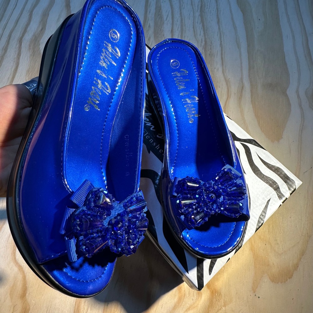 Helen's Heart Women's Bow Peeptoes Royal Blue Platform Wedge Sandals Size 6